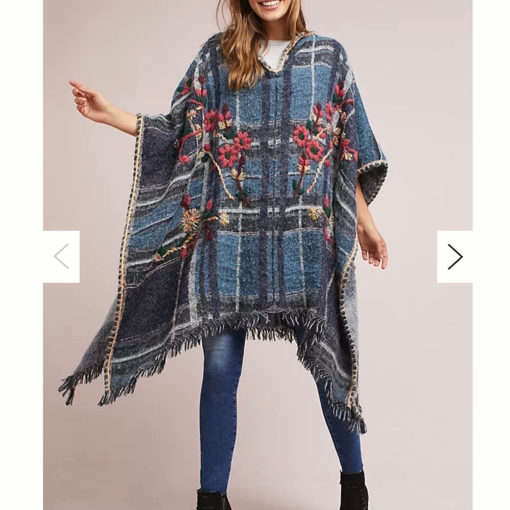 Anthropologie Blue Plaid Poncho with Floral Embroidery